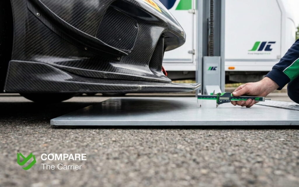 Race Car Shipping (3) Close-up of a low-clearance race car splitter safely positioned on a hydraulic lift platform.