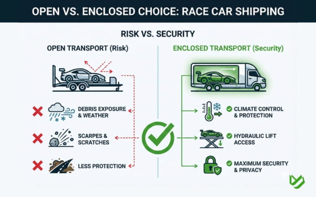 Race Car Shipping (4) Comparison infographic showing the dangers of open transport versus the benefits of enclosed race car shipping.