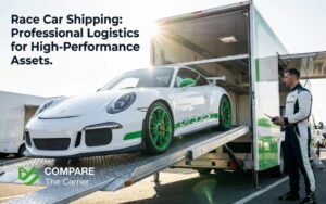 A high-performance race car being loaded onto an enclosed transport via a hydraulic lift gate under bright sunlight.