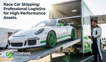 A high-performance race car being loaded onto an enclosed transport via a hydraulic lift gate under bright sunlight.