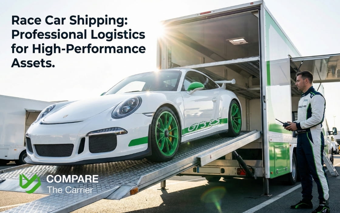 A high-performance race car being loaded onto an enclosed transport via a hydraulic lift gate under bright sunlight.