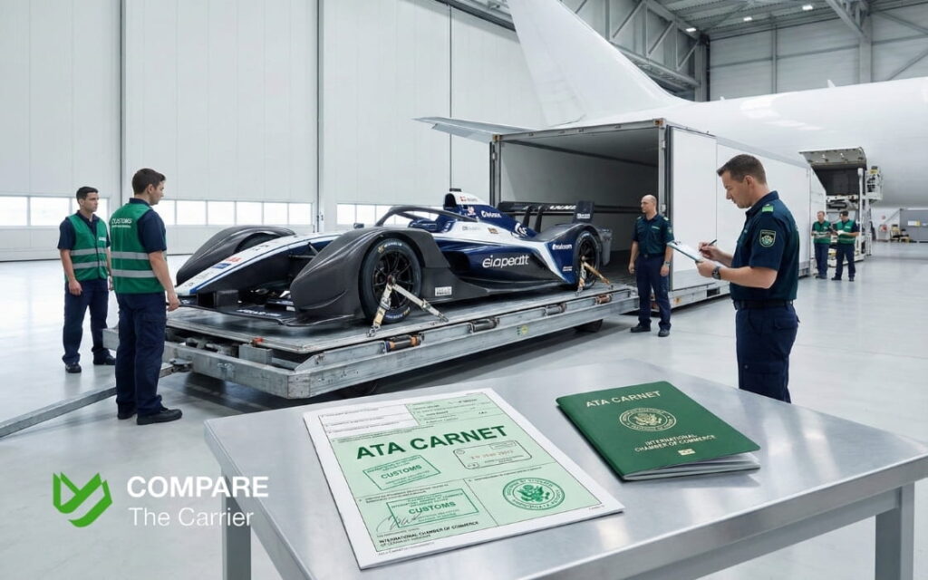 Race Car Shipping (6) A race car prepared for international air freight with an ATA Carnet customs document.
