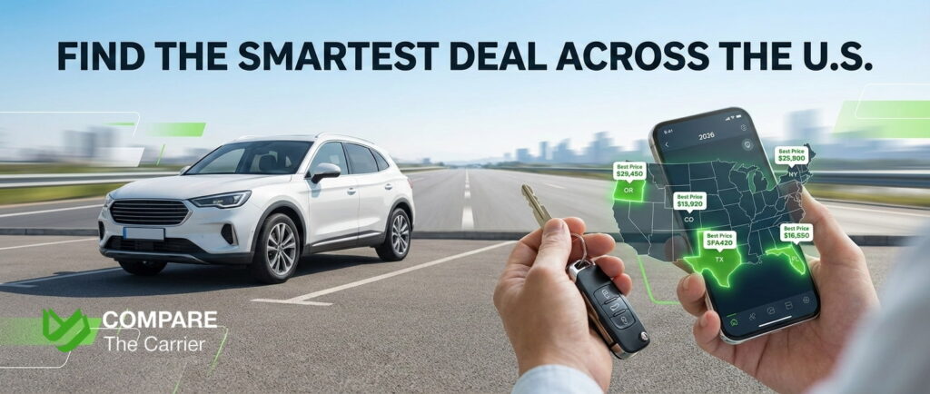 Bright realistic banner showing car keys, a smartphone with a US map highlighting the cheapest states to buy a car in 2026, and a modern white SUV in the background.