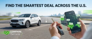 Bright realistic banner showing car keys, a smartphone with a US map highlighting the cheapest states to buy a car in 2026, and a modern white SUV in the background.