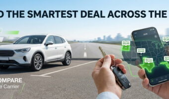 Bright realistic banner showing car keys, a smartphone with a US map highlighting the cheapest states to buy a car in 2026, and a modern white SUV in the background.