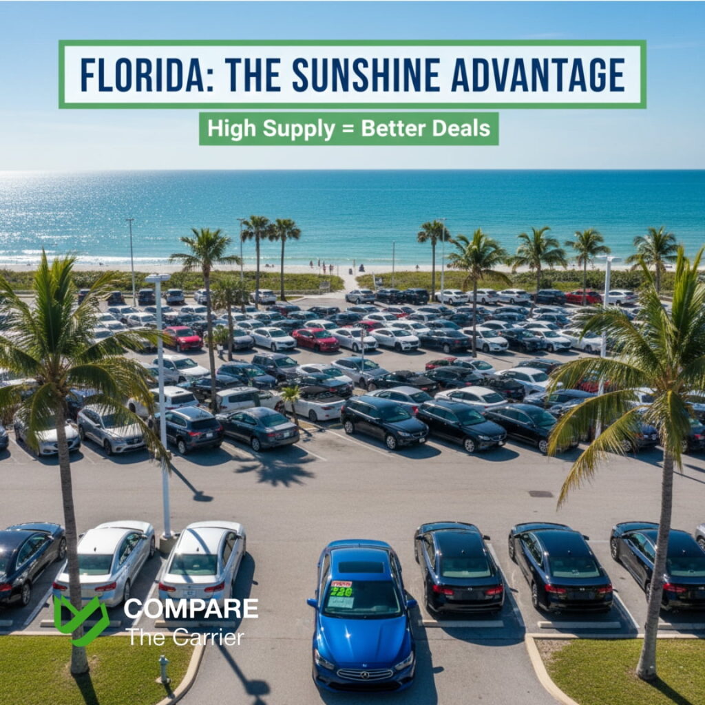  Rows of well-maintained used cars at a Florida dealership under bright sunny skies.