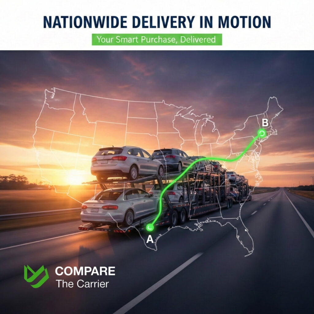 An open-air car carrier transporting vehicles across the country on a bright day.
