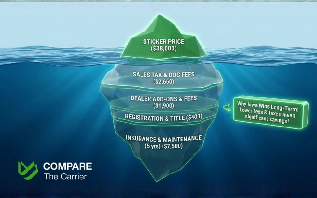  Infographic showing the breakdown of total car ownership costs including hidden dealer fees and taxes.