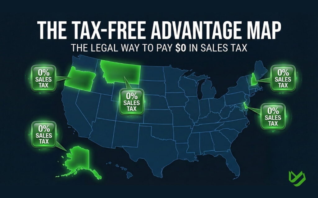 Map of US NOMAD states with 0% vehicle sales tax including Oregon, Montana, and New Hampshire.