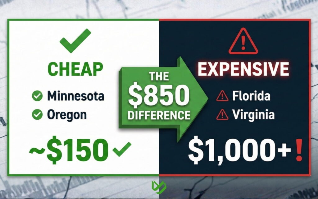 Comparison chart of dealer documentation fees by state showing low-cost vs high-cost regions.