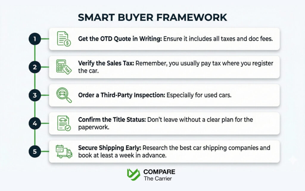 Checklist for buying a car out of state with steps for OTD quotes, inspections, and shipping.