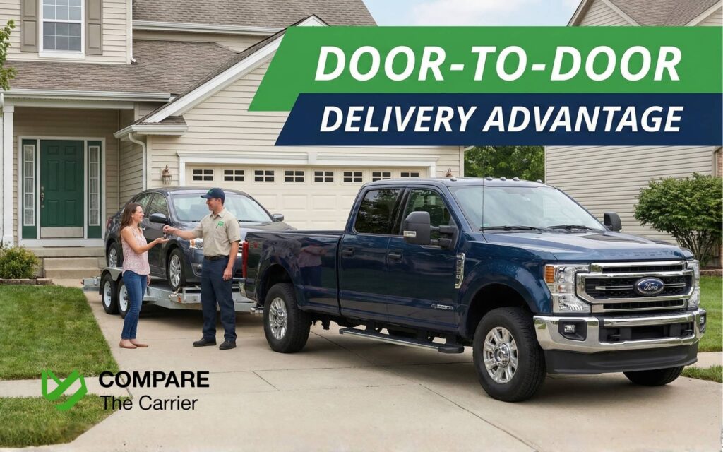 Hot shot truck delivering a car directly to a customer’s driveway, highlighting residential access.