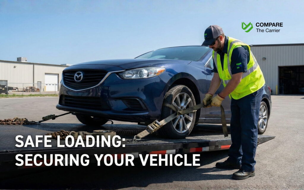 Driver securing a car on a hot shot trailer, demonstrating safe loading practices.