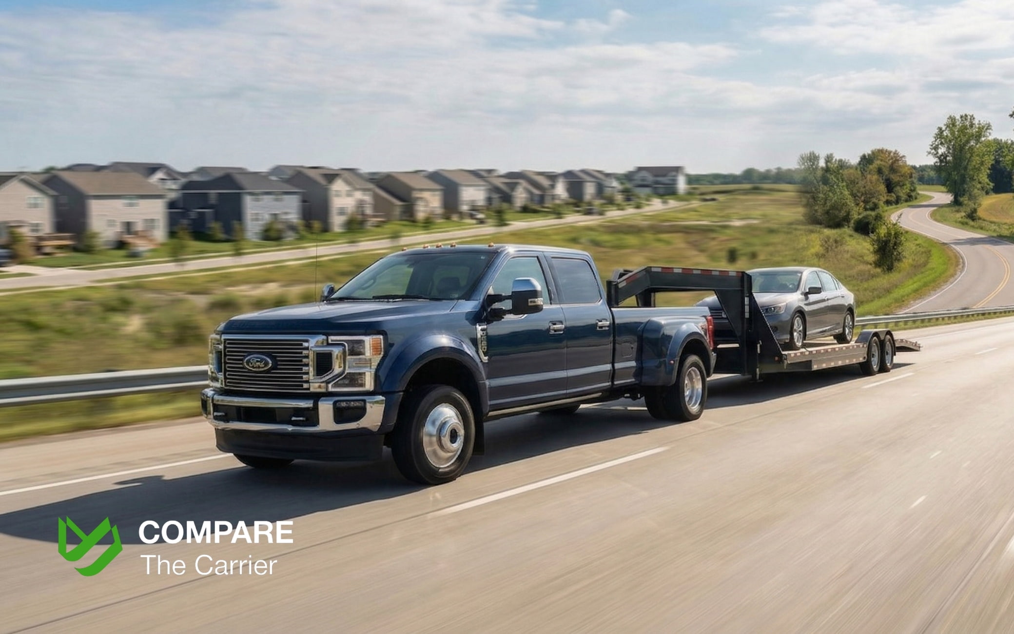 Hot shot truck hauling a car on a wedge trailer down a residential street, illustrating fast and door-to-door vehicle transport.