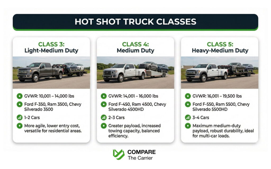 Infographic comparing Class 3, 4, and 5 medium-duty trucks for hot shot car transport.