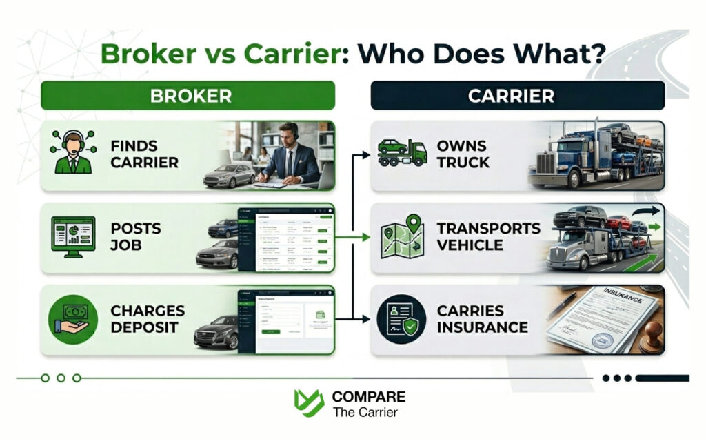  auto transport broker vs carrier comparison infographic