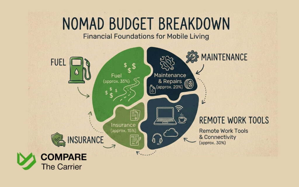 Infographic showing fuel, maintenance, insurance, and remote work expenses van life.