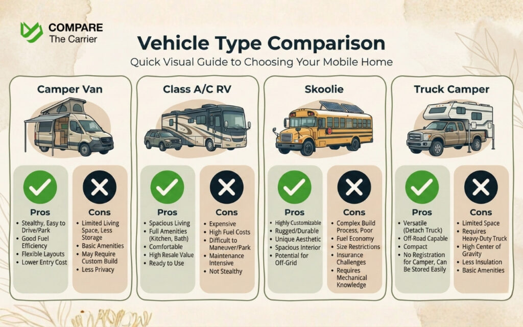 “Infographic comparing van, RV, skoolie, and truck camper with pros and cons for mobile living.