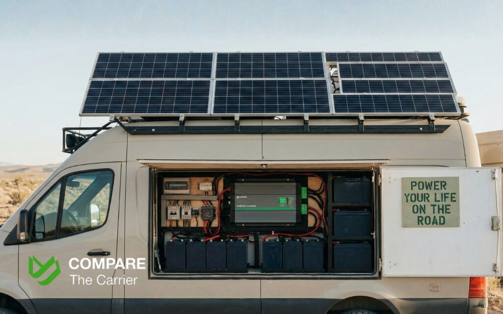 Van roof solar panels and battery setup for off-grid living and remote work.