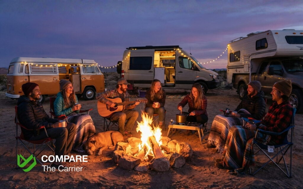 Van life community gathering around a campfire, highlighting social connections and nomadic lifestyle.