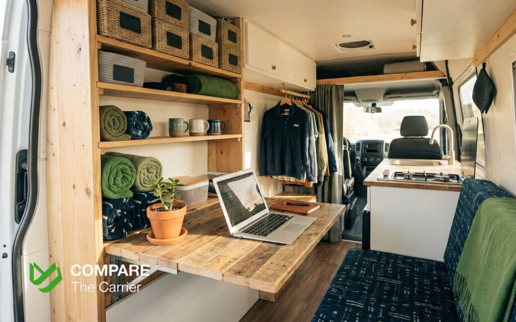 Inside a minimalist van with organized storage, demonstrating efficient mobile living space. Van life.