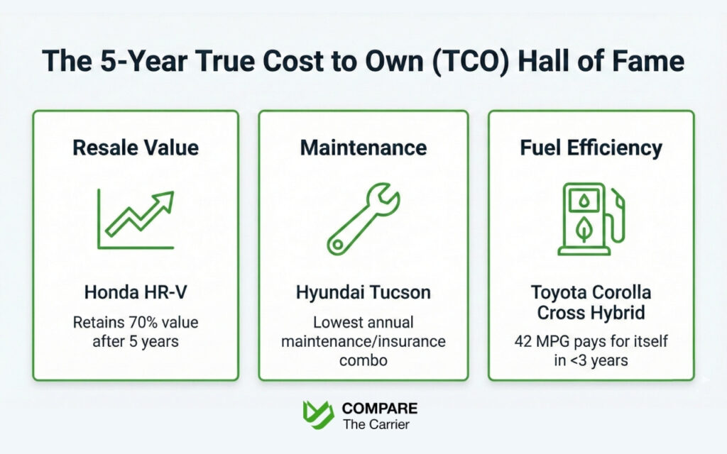 Visual breakdown of the top 3 SUVs with the best 5-year total cost of ownership in 2026.
