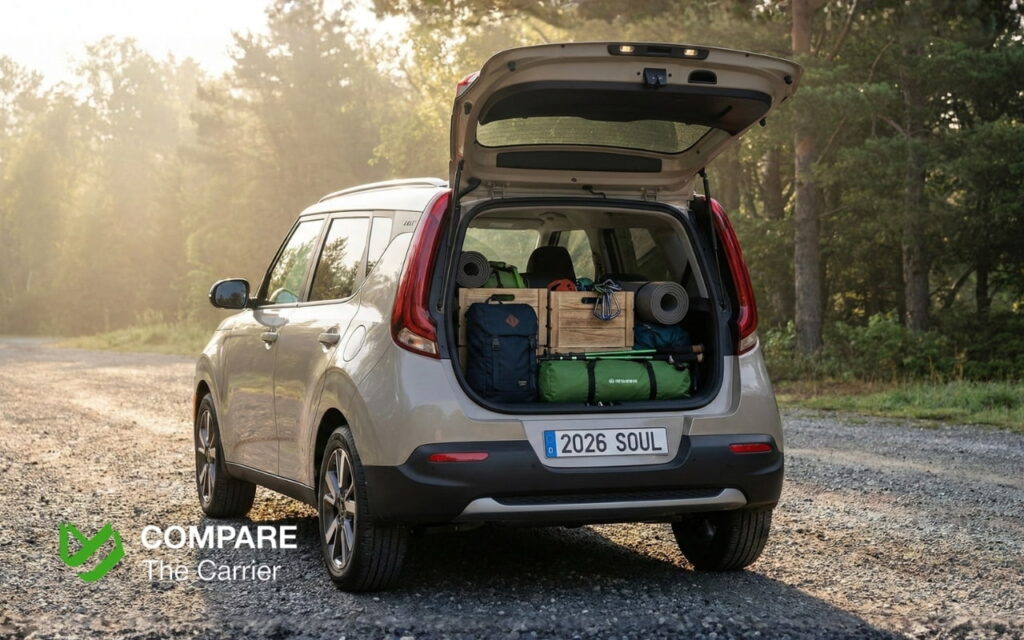 Rear view of a 2026 Kia Soul with an open trunk demonstrating its superior cargo capacity for outdoor gear.