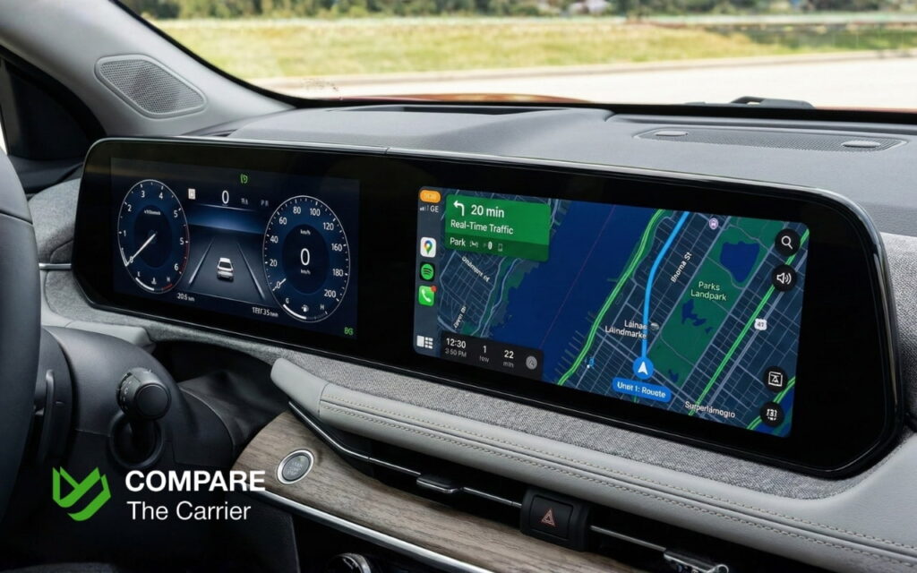 Detailed close-up of the 12.3-inch dual-screen infotainment system in the 2026 Nissan Kicks dashboard.