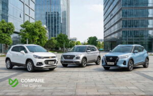 Three realistic 2026 subcompact SUVs parked in a bright modern urban plaza under natural sunlight, highlighting affordable and stylish design.