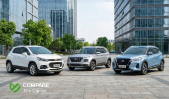 Three realistic 2026 subcompact SUVs parked in a bright modern urban plaza under natural sunlight, highlighting affordable and stylish design.