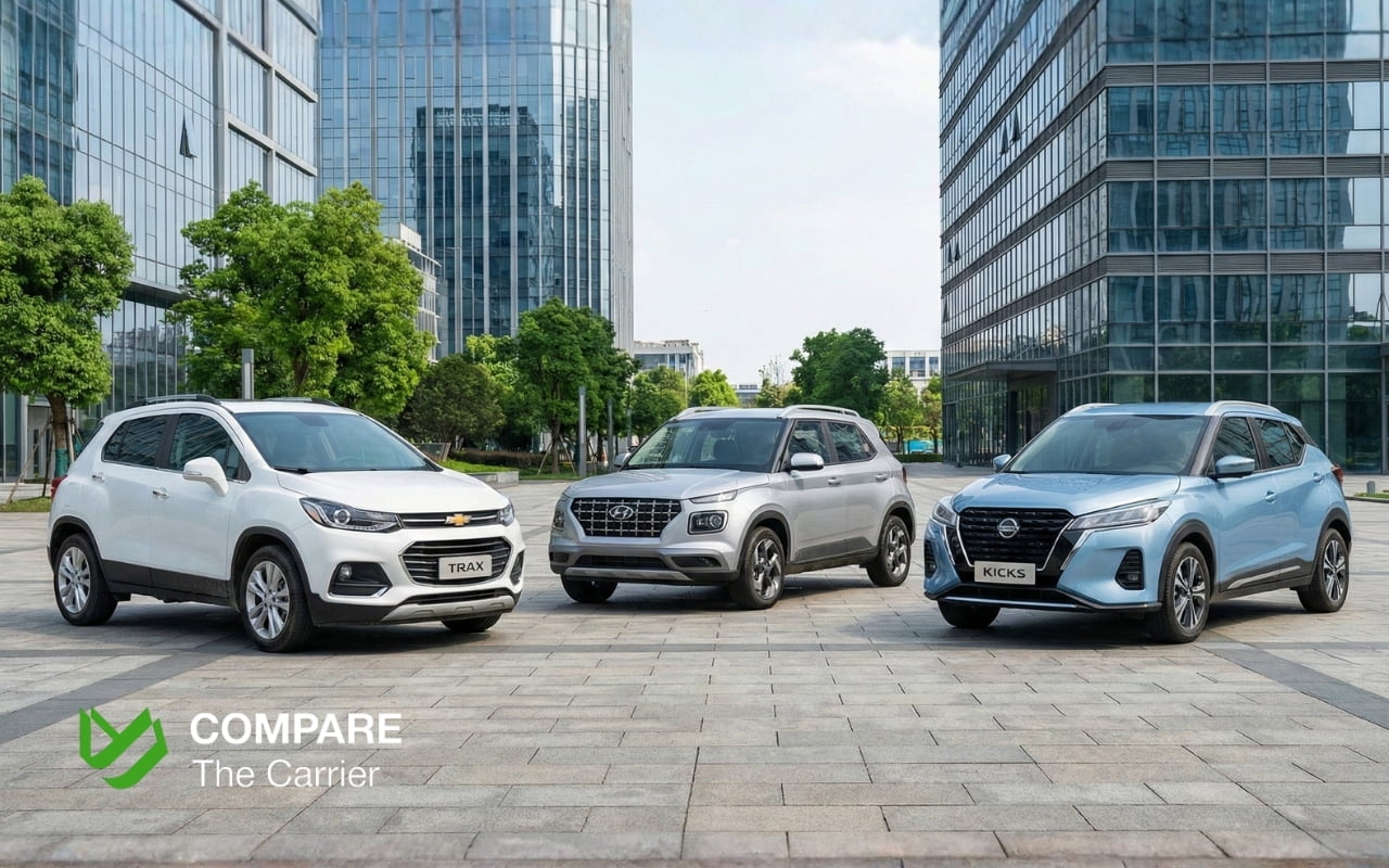 Three realistic 2026 subcompact SUVs parked in a bright modern urban plaza under natural sunlight, highlighting affordable and stylish design.