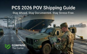 U.S. service member standing next to a clean SUV at a port with a large RORO cargo ship during sunrise, checking vehicle shipping status on a mobile device.