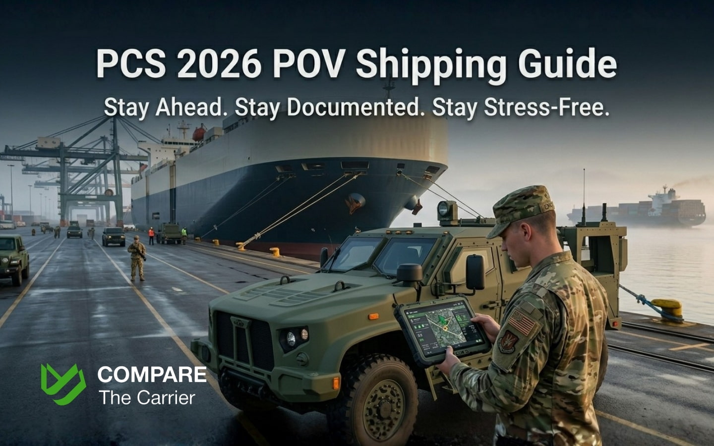 U.S. service member standing next to a clean SUV at a port with a large RORO cargo ship during sunrise, checking vehicle shipping status on a mobile device.
