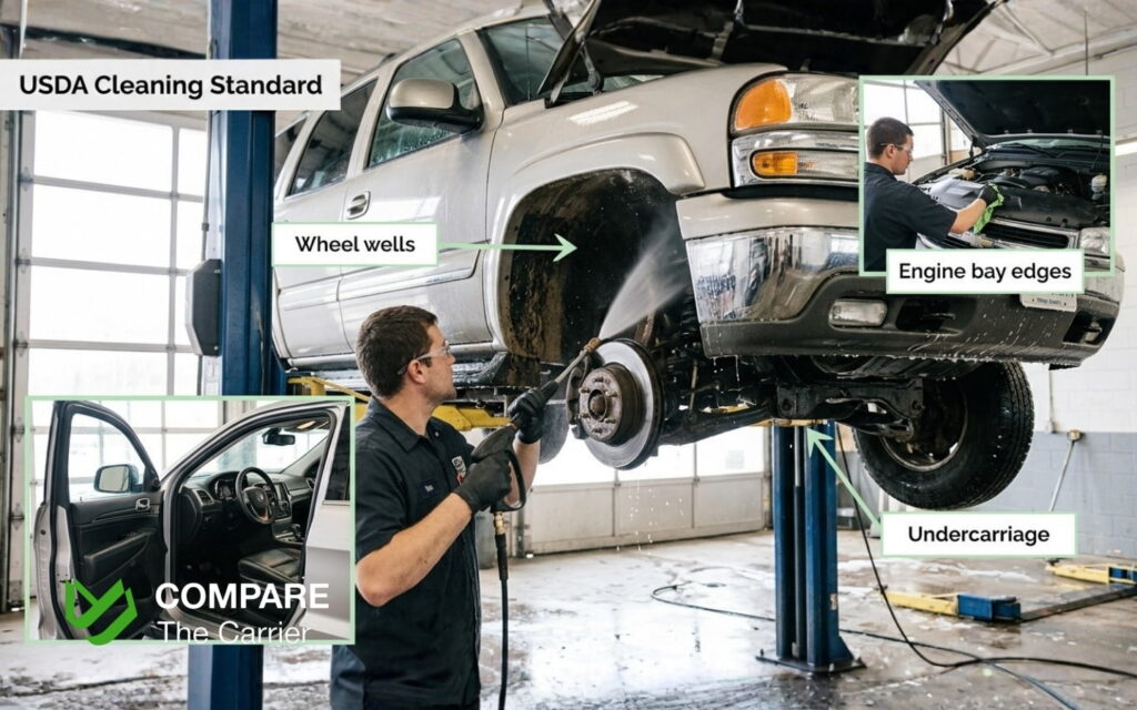 PCS Season 2026 A Step-by-Step Guide (6) Close-up of vehicle wheel wells and undercarriage being cleaned thoroughly to meet USDA inspection standards before overseas shipping.
