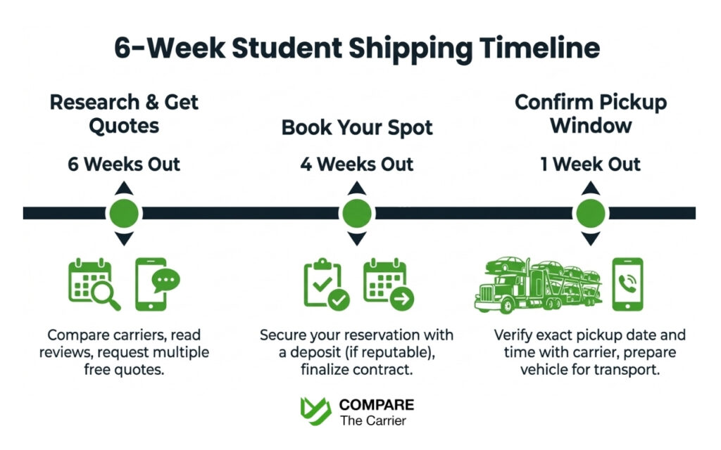Shipping a Car as a College Student (1) Timeline showing key tasks for students shipping a car to college, from 6 weeks out to 1 week before pickup.