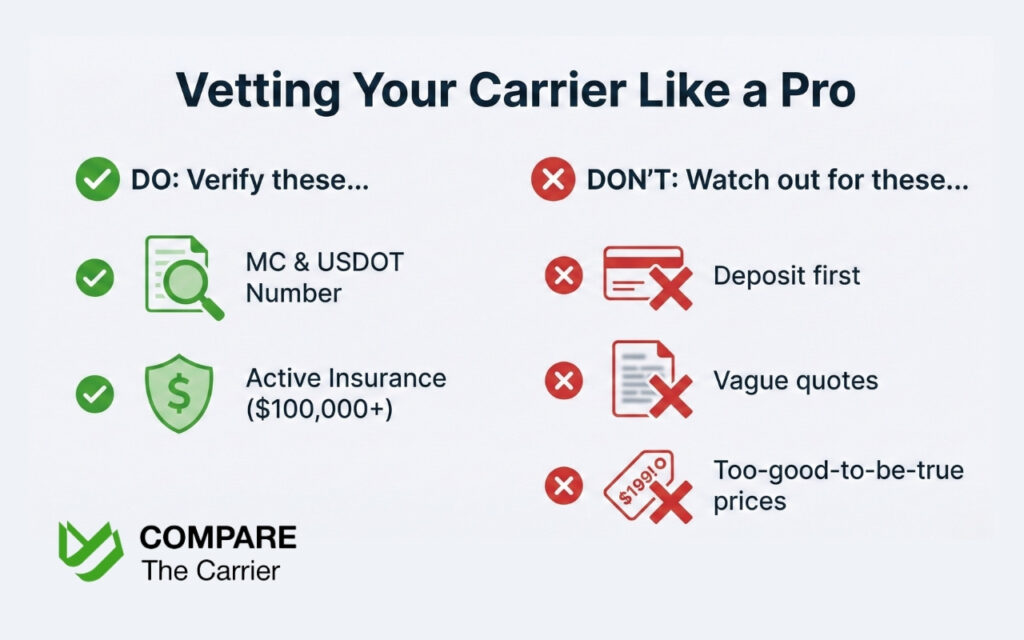 Shipping a Car as a College Student (2) Infographic checklist showing how students can verify legitimate car shipping companies and avoid red flags.