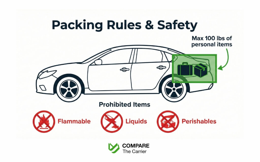 Shipping a Car as a College Student (3) Infographic showing where students can safely pack personal items in a car during shipping and which items are prohibited.