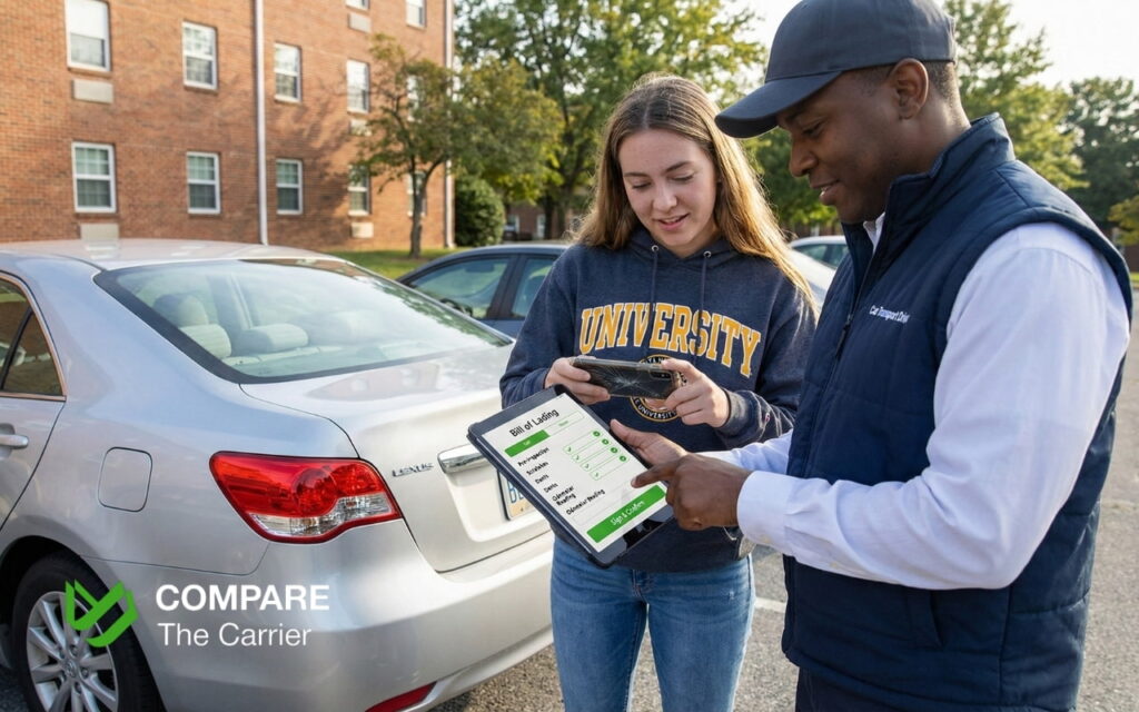 Shipping a Car as a College Student (4) College student and driver completing the Bill of Lading inspection on a digital tablet while taking photos of the vehicle before shipment.