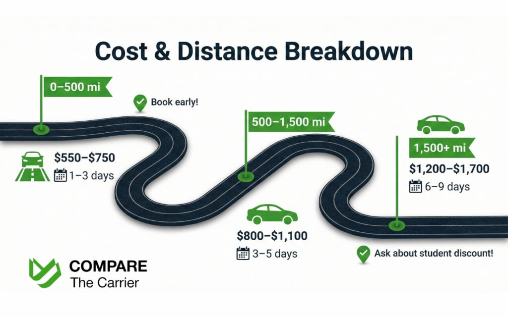 Shipping a Car as a College Student (5) Infographic showing three distance-based routes for student car shipping with estimated cost and transit time, highlighting tips to save money and book early.