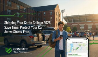 College student checking car shipping status on mobile phone while standing next to their vehicle at a dorm parking lot during move-in day.