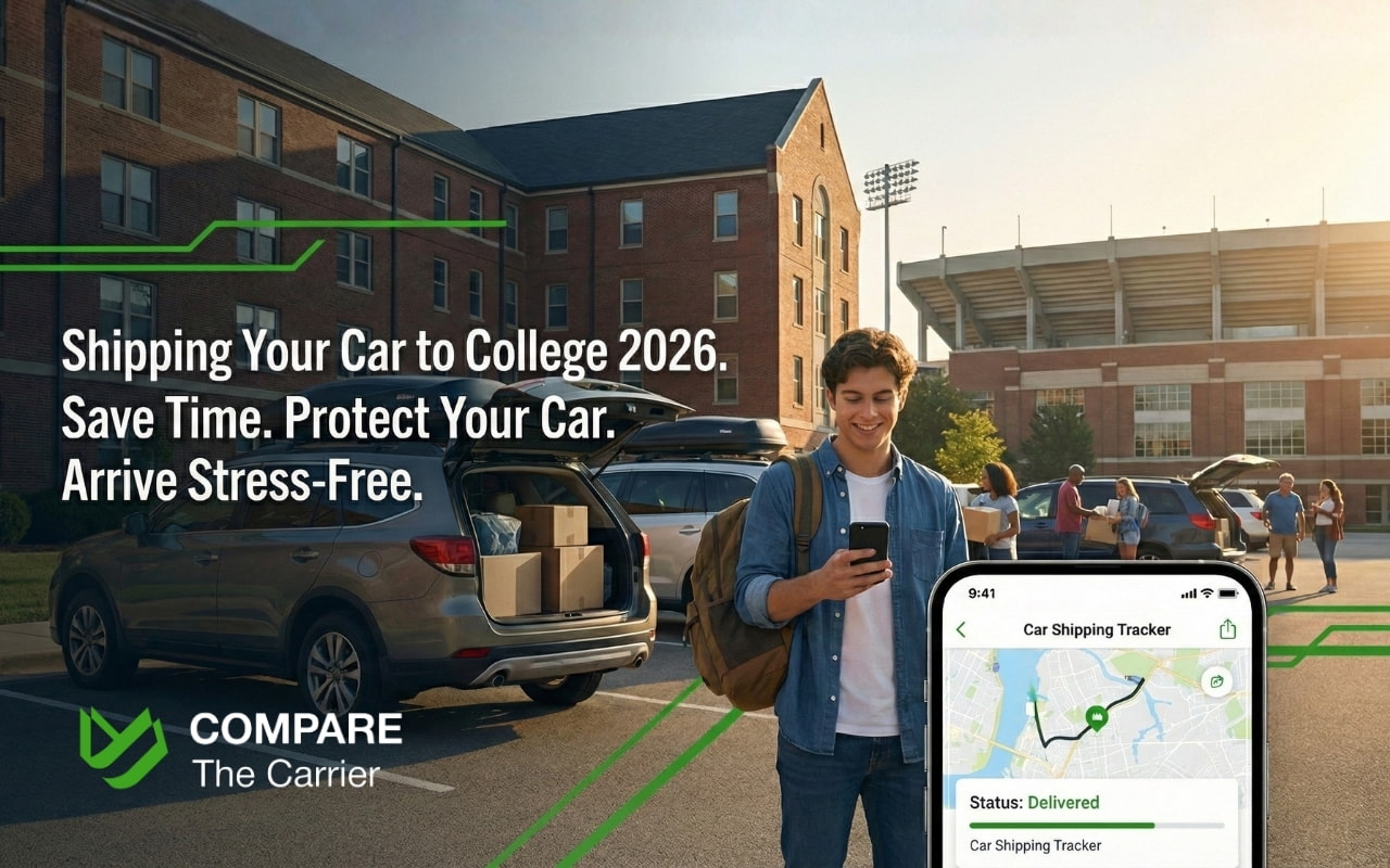 College student checking car shipping status on mobile phone while standing next to their vehicle at a dorm parking lot during move-in day.