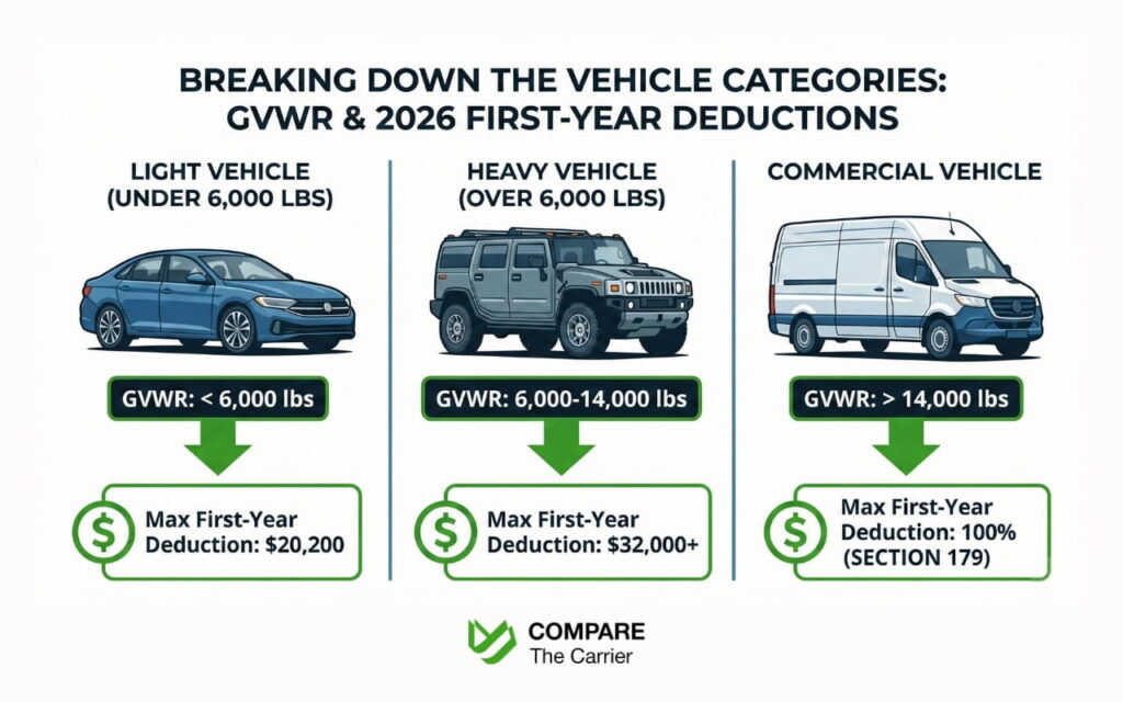 “Illustration showing vehicle weight categories (GVWR) and corresponding tax deduction limits for 2026.