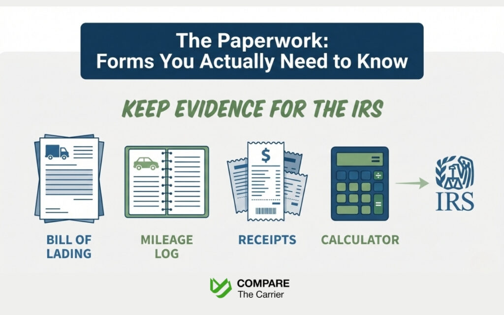 Illustration showing essential documentation for claiming car shipping deductions, including Bill of Lading, mileage log, and receipts.