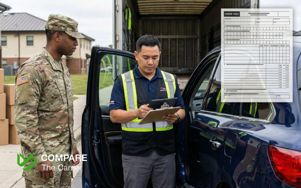 Active-duty service member preparing a vehicle for shipment during a PCS move, illustrating eligibility for a military moving expense deduction in 2026.