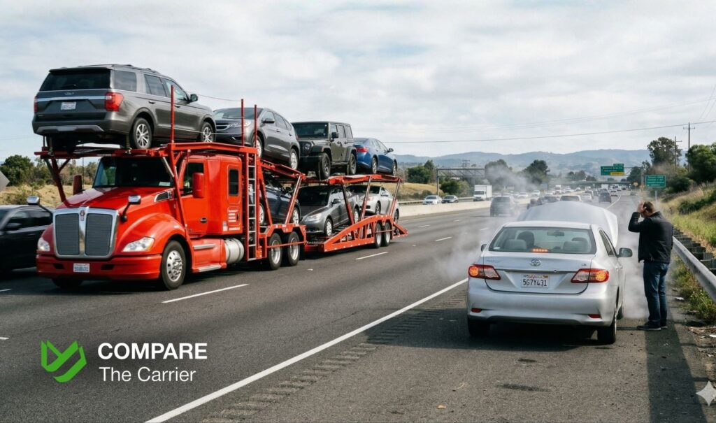 A broken down car on the highway shoulder as a car shipping truck passes by.