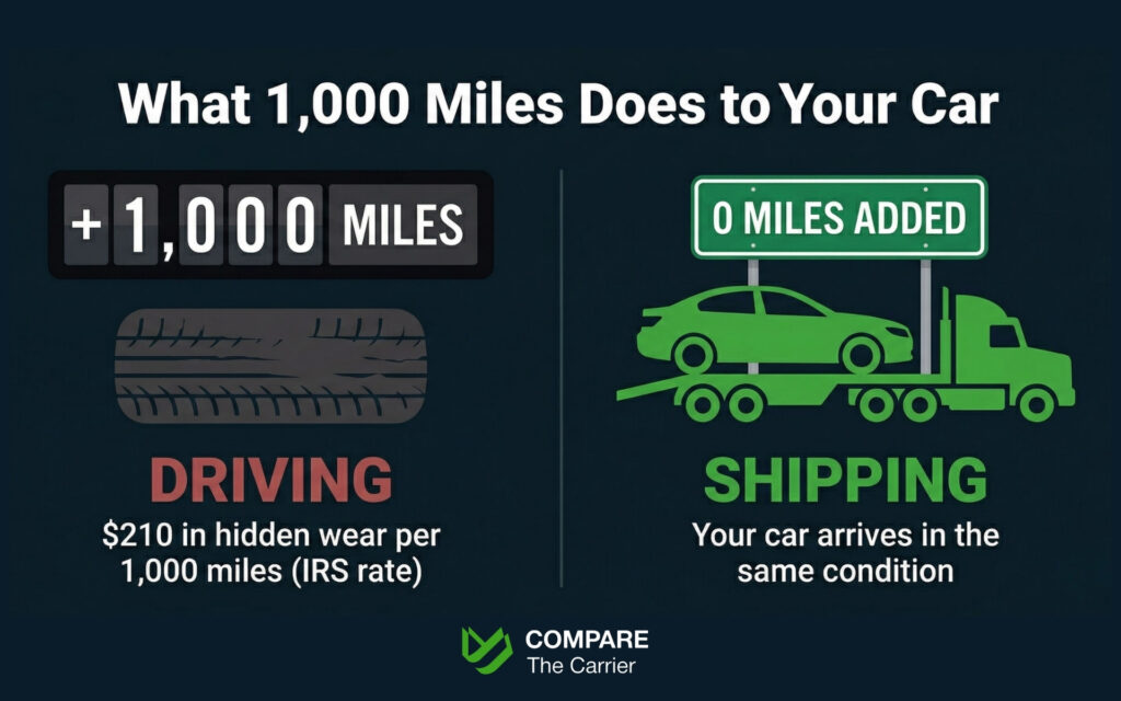 Comparison of vehicle wear and tear: driving 1,000 miles vs. professional auto transport with zero miles added.