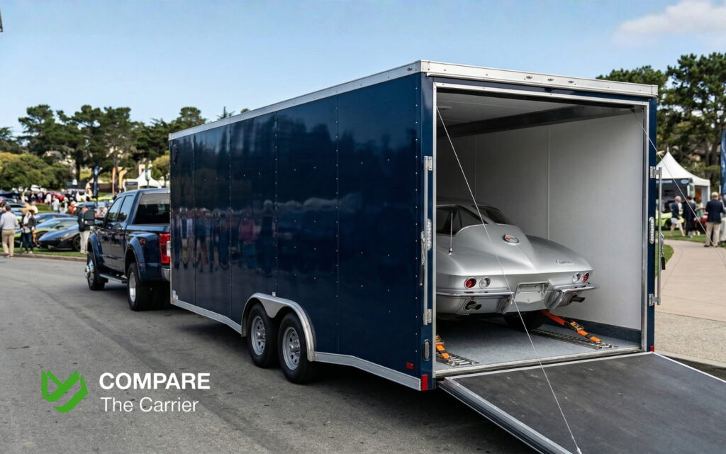 Enclosed American car hauler protecting a luxury vehicle from road debris.