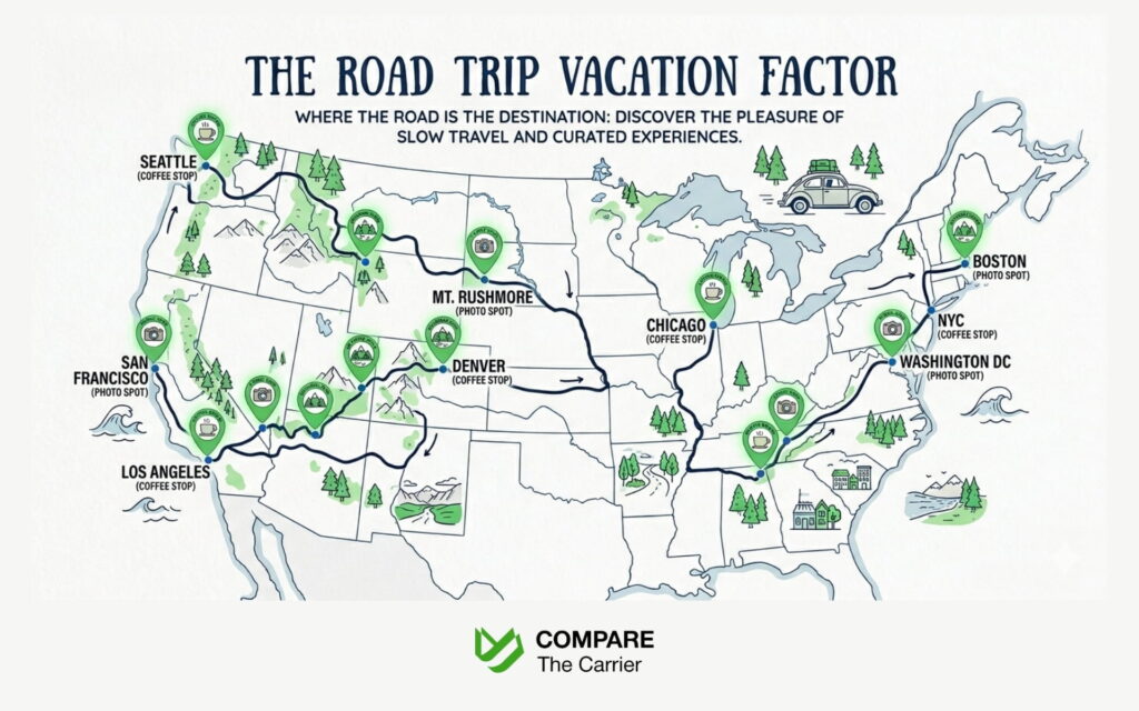 Illustrated US map showing a scenic road trip route with tourist attractions.