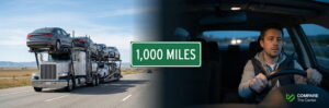 American car hauler truck and a driver on a long highway journey.