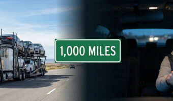 American car hauler truck and a driver on a long highway journey.